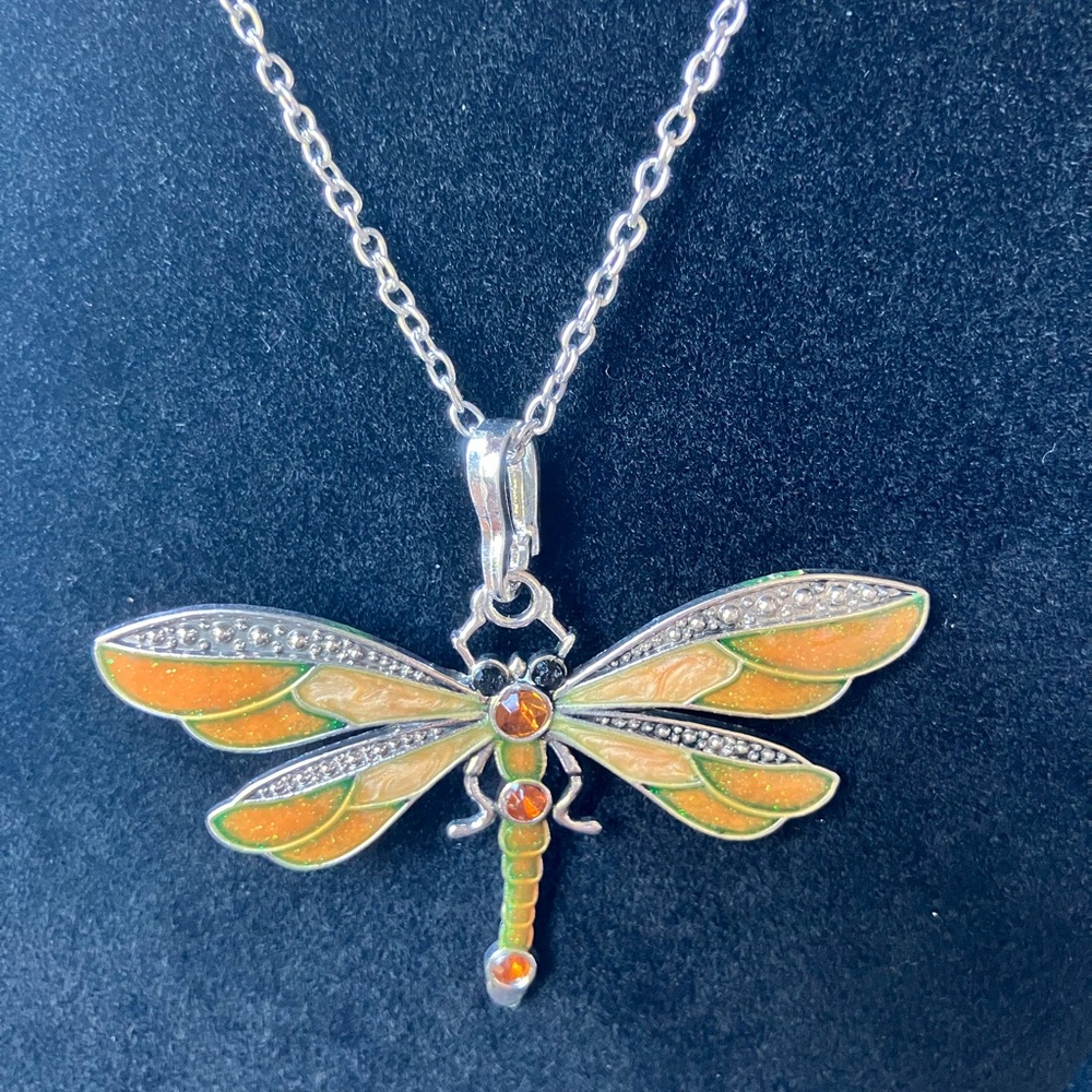 Charming Silver Dragonfly Necklace with Orange Accents